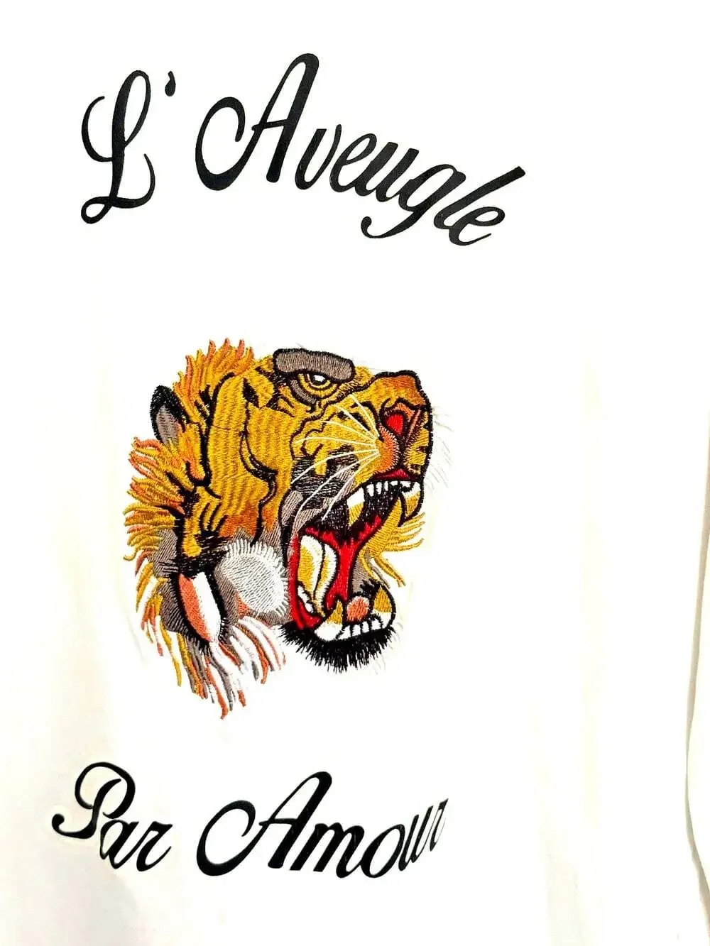 Gucci Cotton Lg/Sleeve Tee w/ L'Aveugle Par Amour script & Embroidered Tiger, XL
